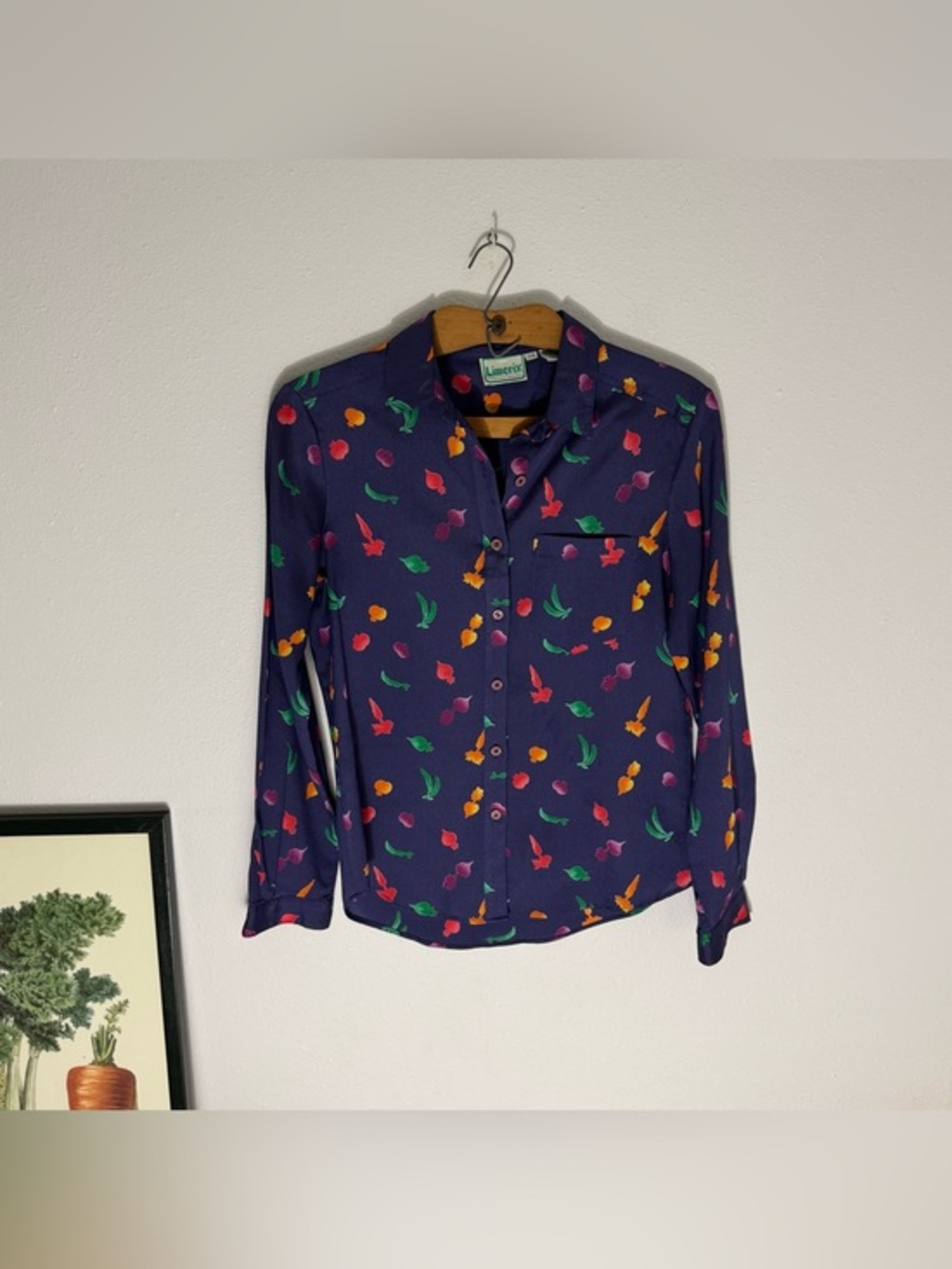 Limerix navy colorful vegetable pint button up top size 9/10